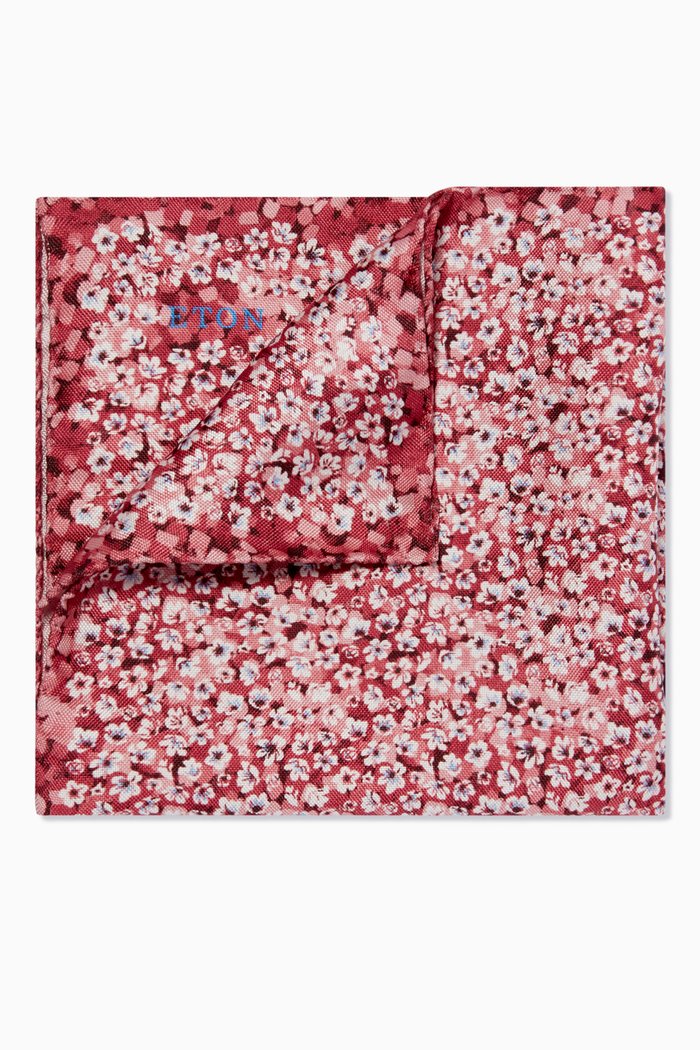 

Floral Print Pocket Square in Silk, Red