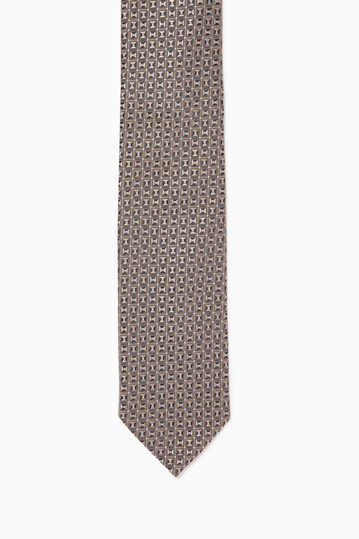

Geometric Print Tie in Silk, Brown