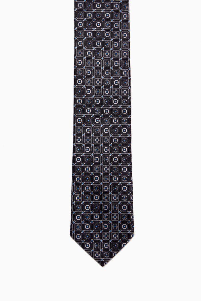 

Geometric Print Tie in Silk, Blue
