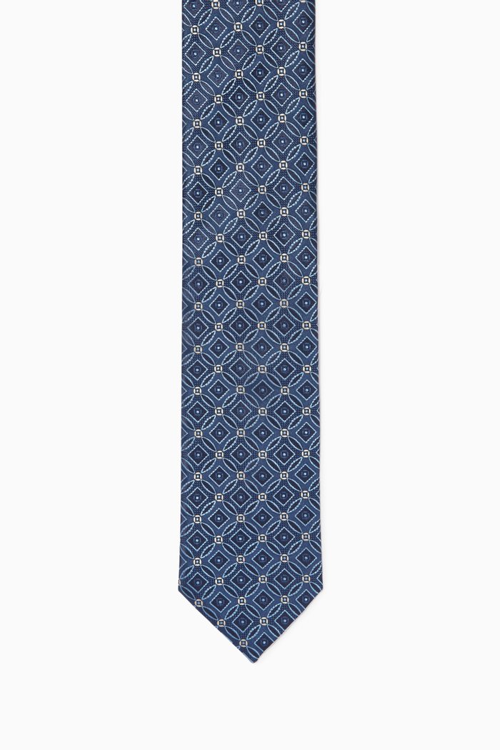 

Geometric Print Tie in Silk, Blue