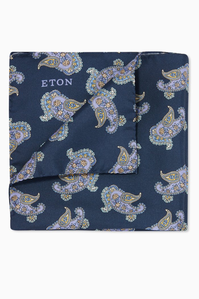 

Paisley Print Pocket Square in Silk, Blue