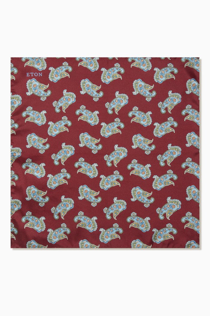

Paisley Print Pocket Square in Silk, Burgundy