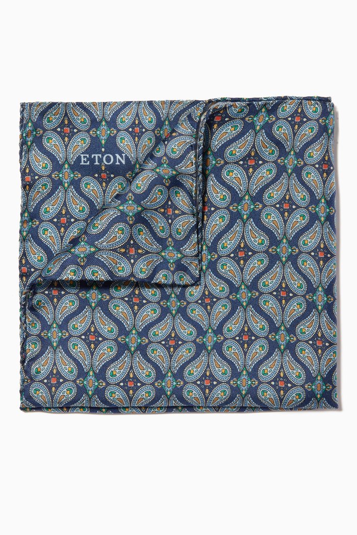Paisley Print Pocket Square in Silk, Blue