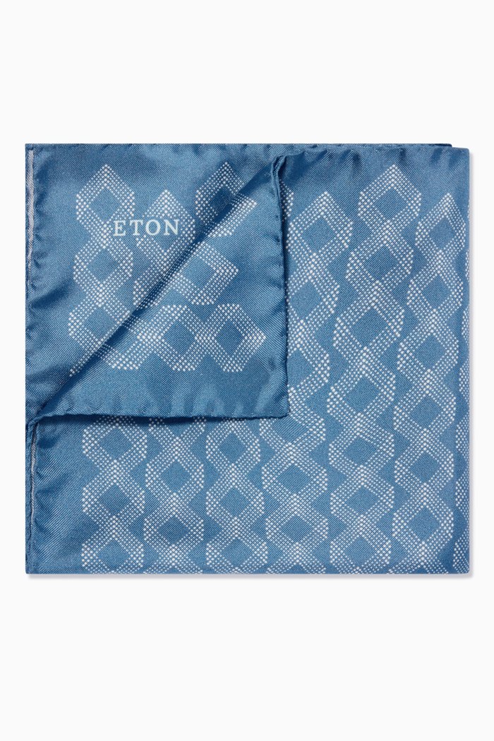 

Geometric Print Pocket Square in Silk, Blue