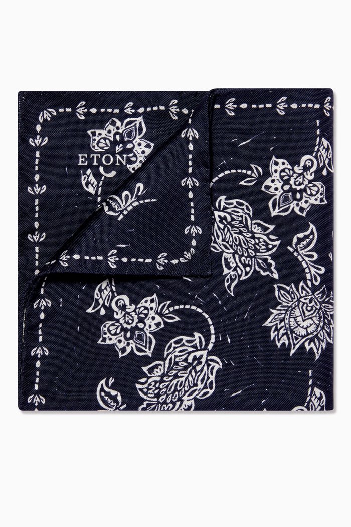 

Floral Print Pocket Square in Silk, Blue