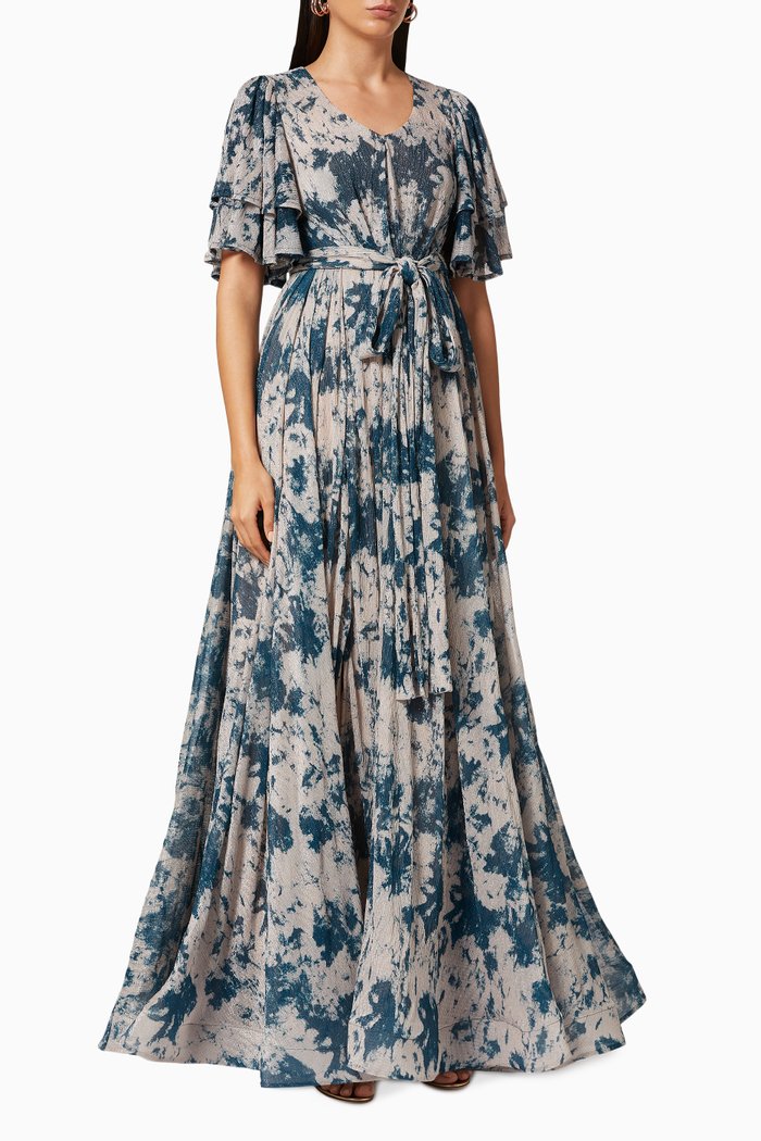 

Flared Tie-dye Dress with Belt, Blue