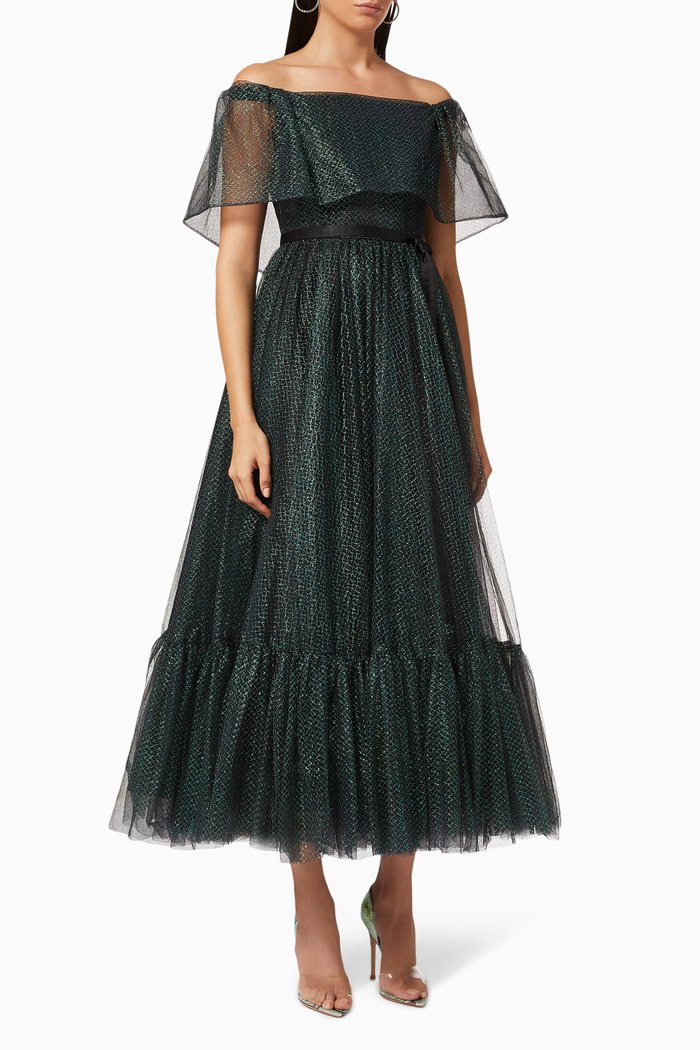 

Off-shoulder Dress in Metallic Tulle, Green