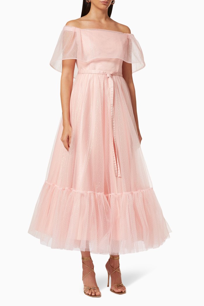 

Off-shoulder Dress in Metallic Tulle, Pink