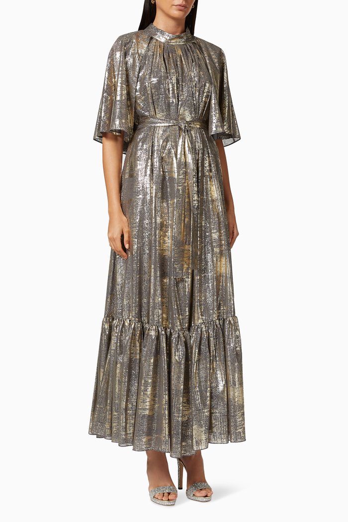 

Metallic Tiered Dress with Belt, Grey