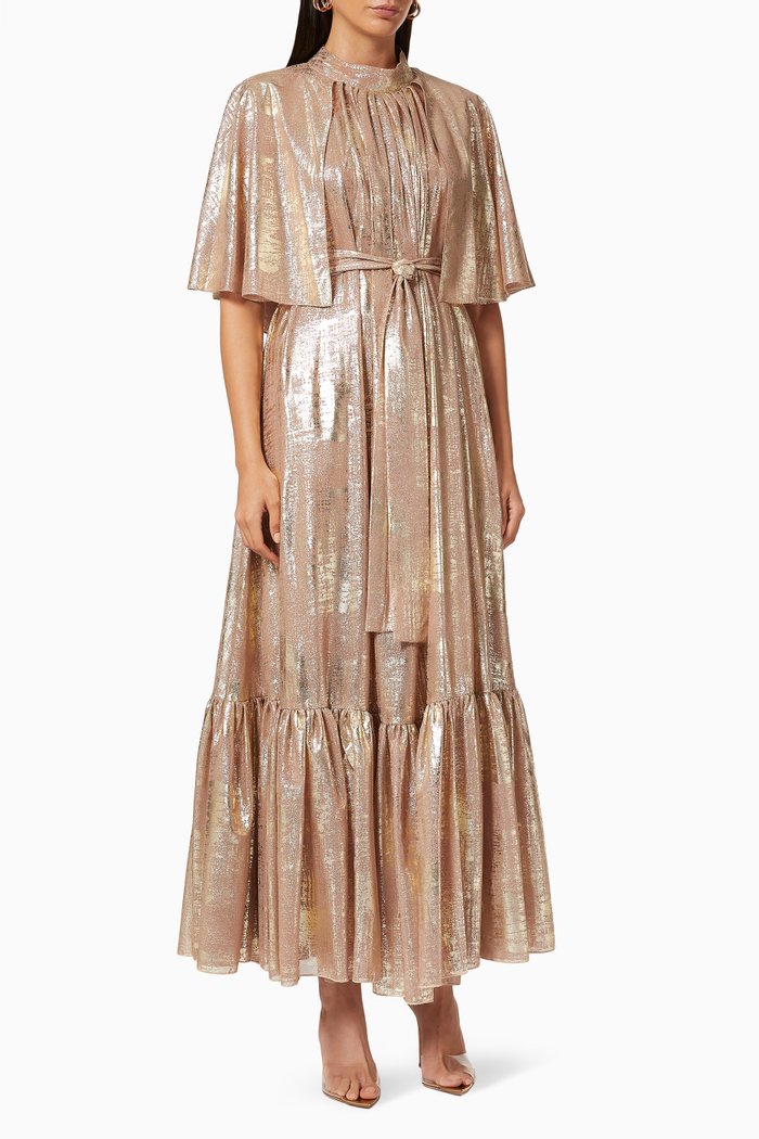 

Metallic Tiered Dress with Belt, Rose gold