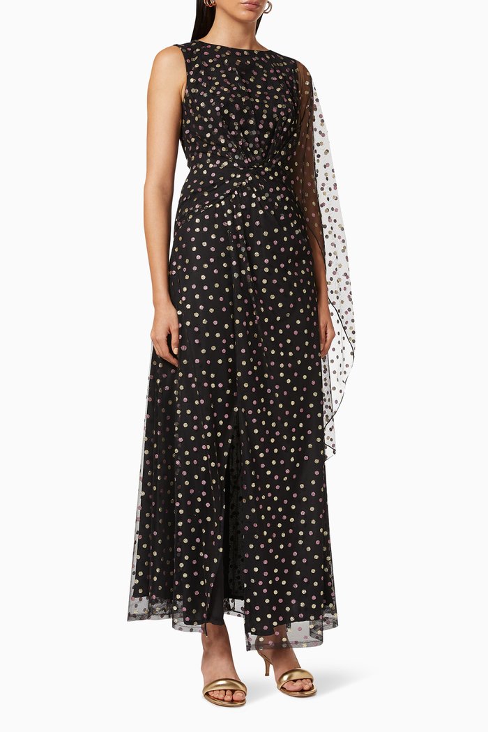 

Ruched Dress in Metallic Polka Dot Tulle, Black