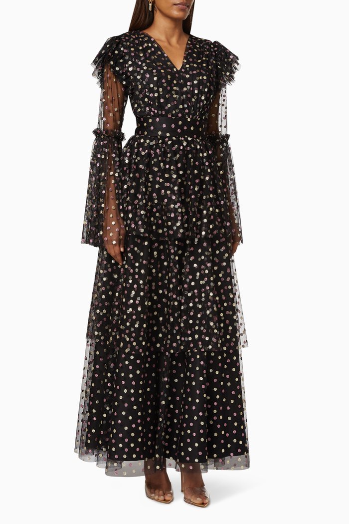 

Tiered Dress in Metallic Polka Dot Tulle, Black