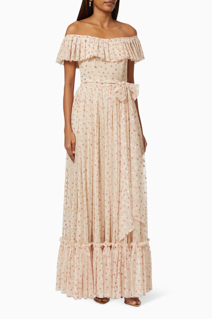 

Off-shoulder Dress in Metallic Polka Dot Tulle, Pink