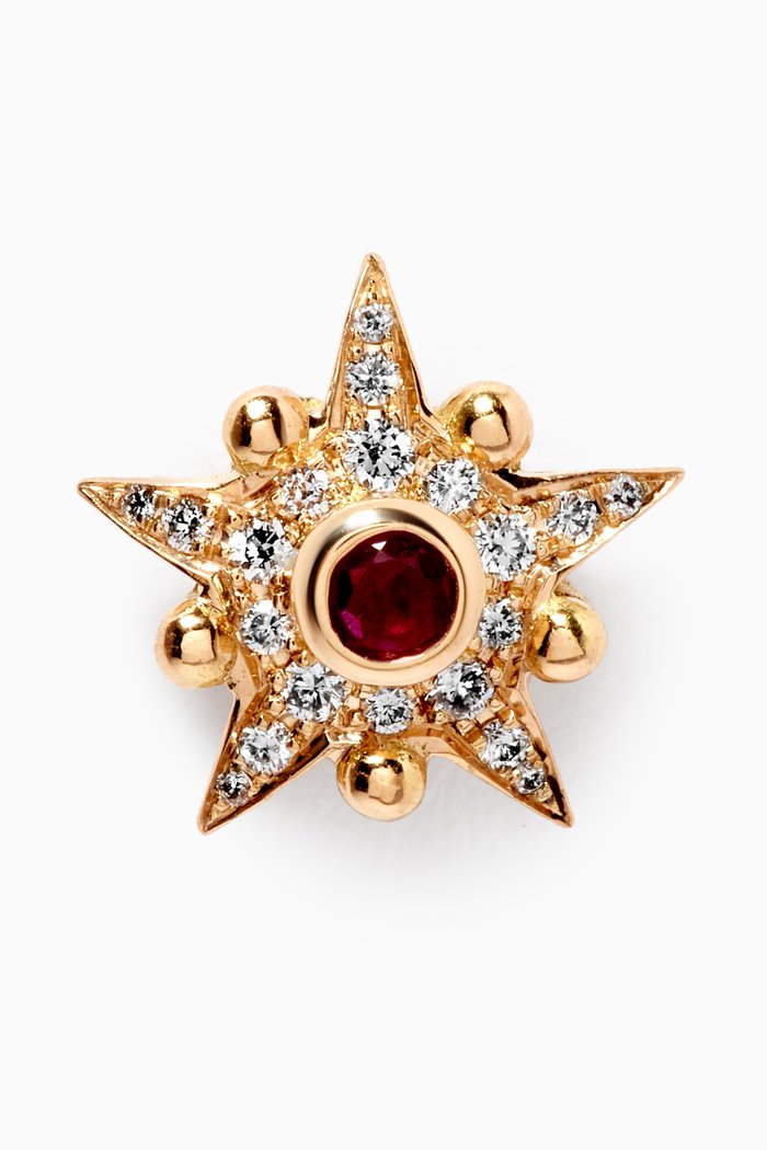 

Single Star Stud Earring with Ruby & Diamonds in 18kt Gold, Yellow