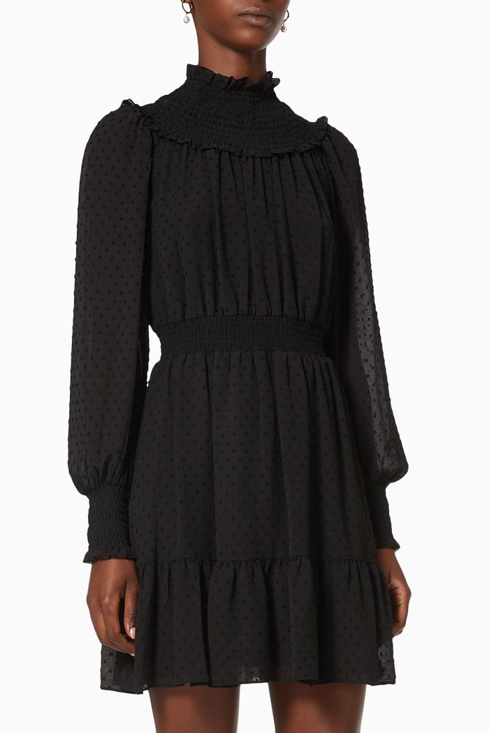 

Smocked Dress in Dotted Crepe, Black