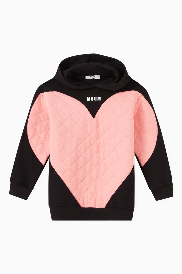 

Contrast Quilted Heart Logo Hoodie in Cotton Fleece, Black