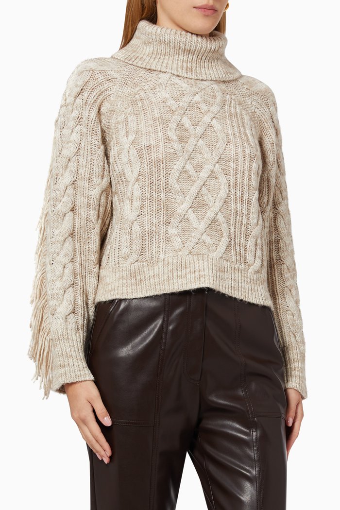 

Aleena Fringe Turtleneck Pullover in Mouline Cable Knit, Neutral
