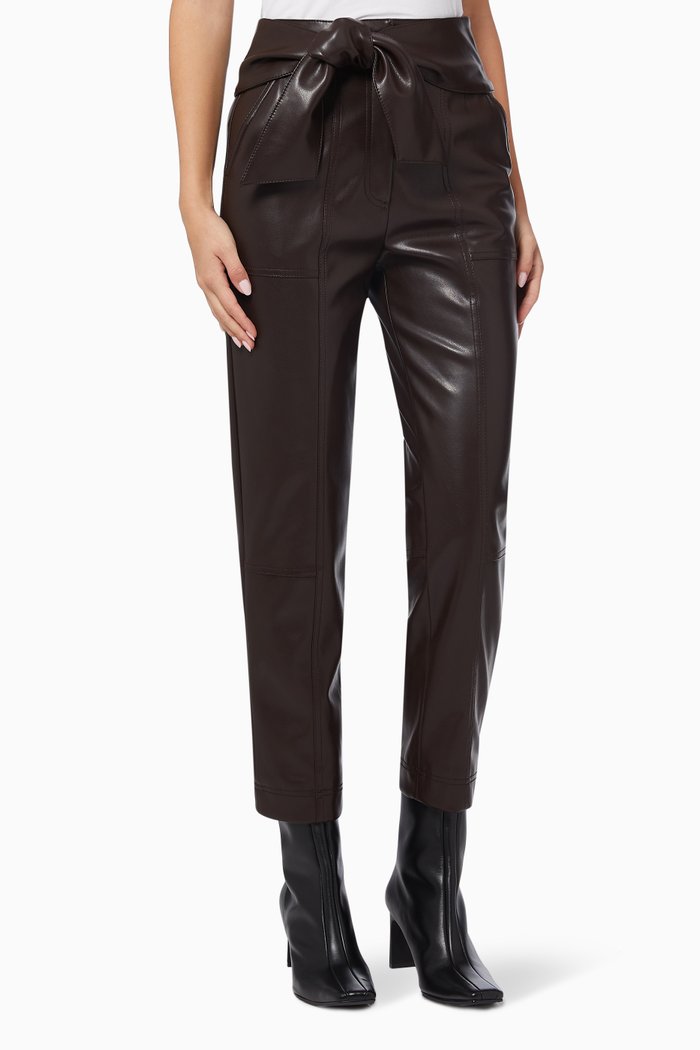 

Tessa Tie Waist Pants in Vegan Leather, Brown