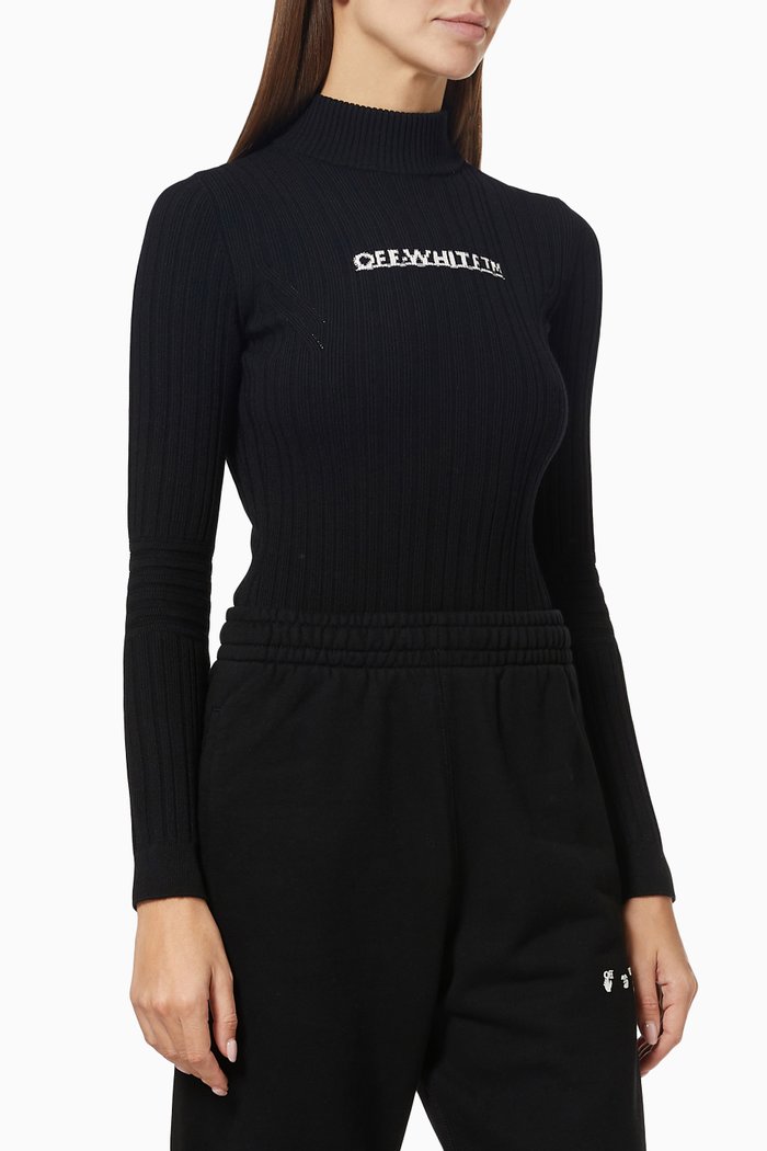 

Underlined Logo Ribbed Bodysuit in Cotton Knit, Black
