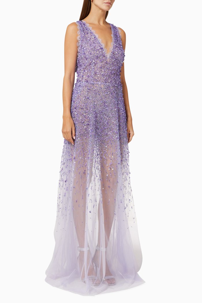 Red Carpet Dress in Sheer Sequin Tulle, Purple