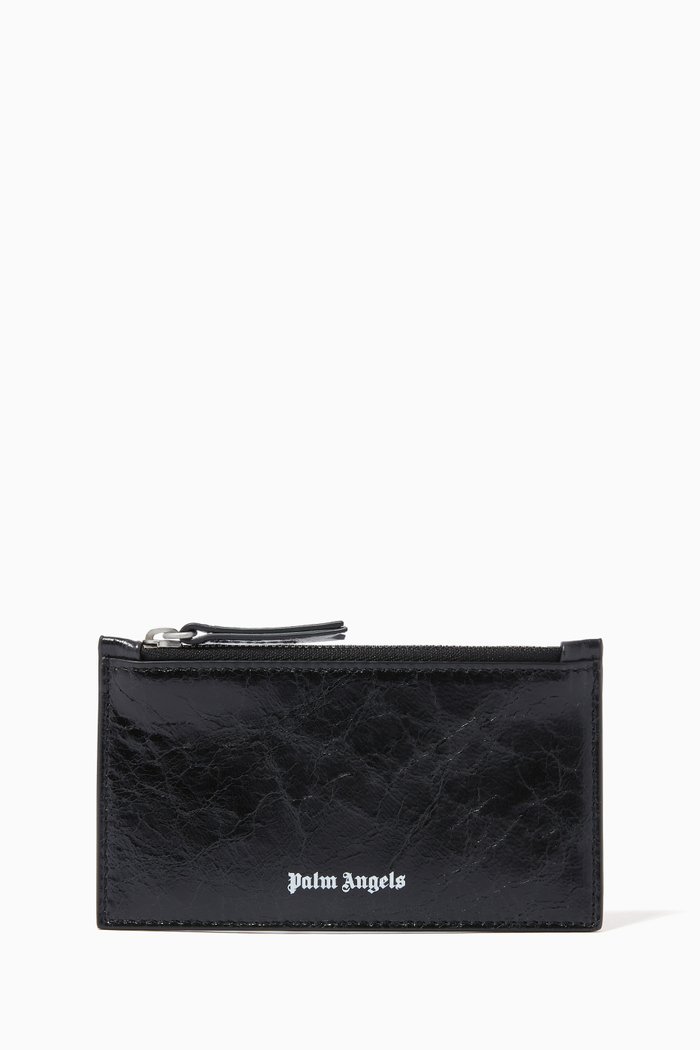 

Logo Zip Cardholder in Crinkled Leather, Black