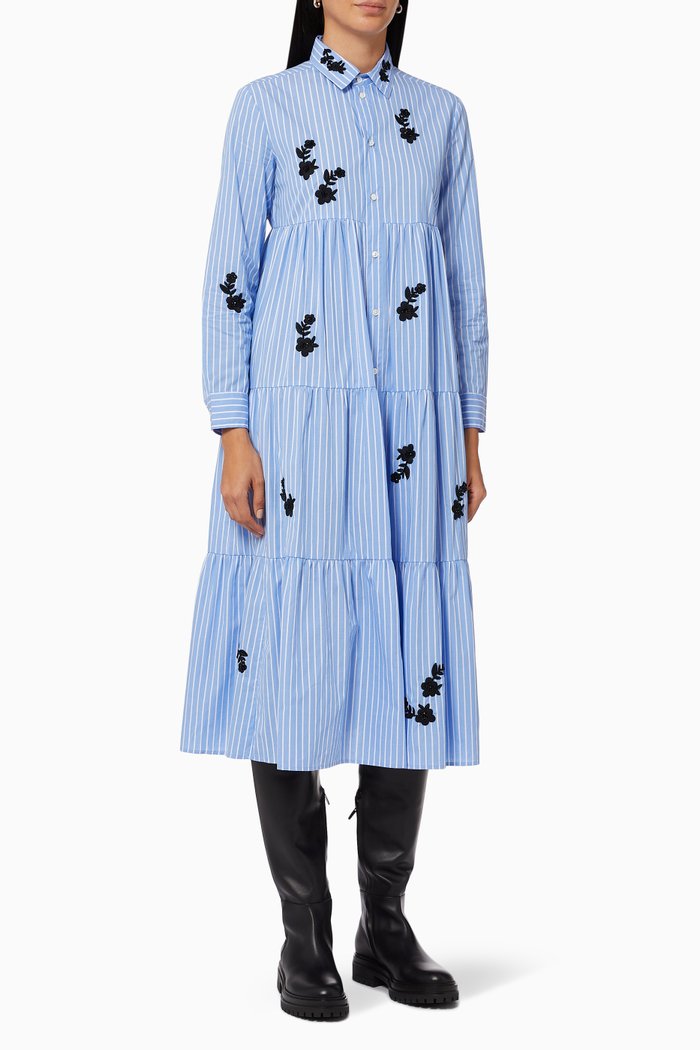 Tiered Shirt Dress in Striped Cotton, Blue