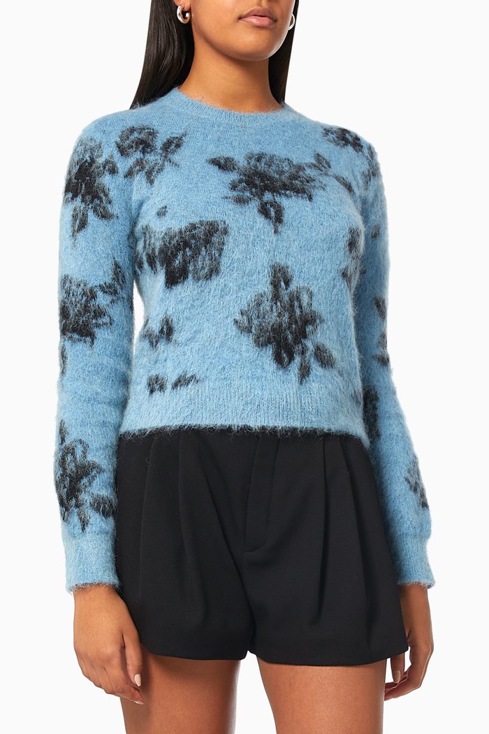 

Floral Cropped Sweater in Mohair Blend, Blue
