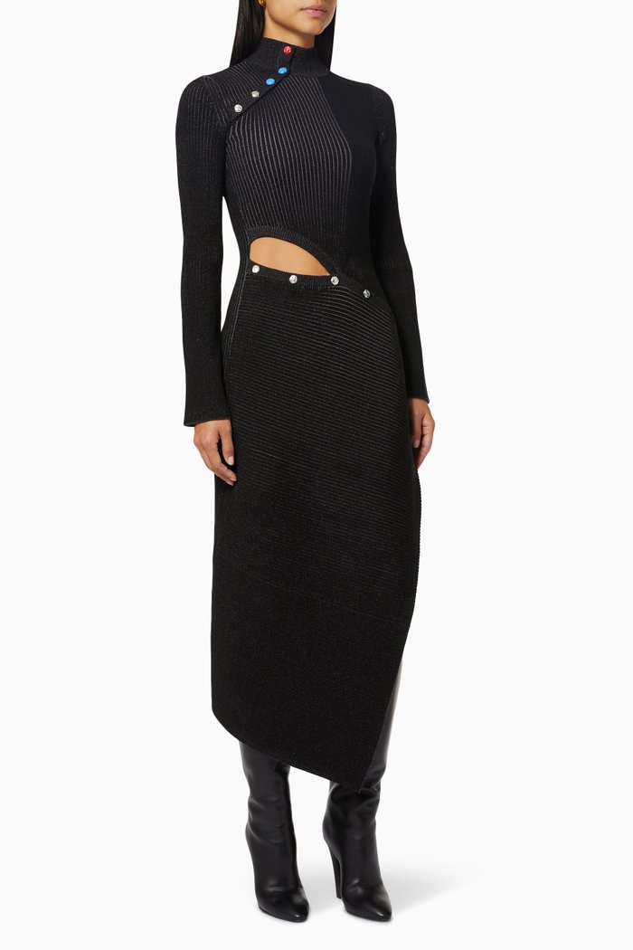 

Snap Asymmetrical Dress in Ribbed Knit, Black