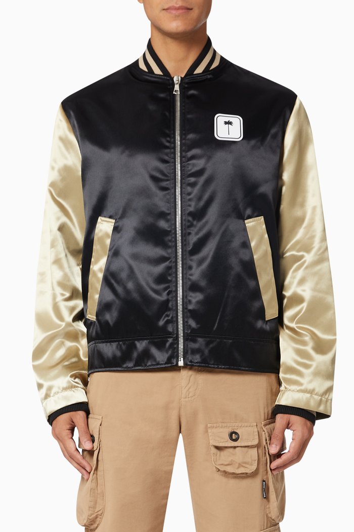 

Palm Tree Varsity Jacket in Satin Viscose Fabric, Black