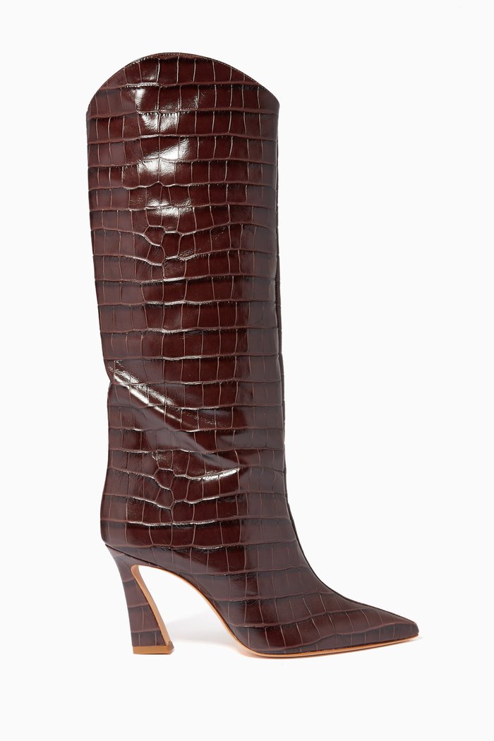 

Maryana Flare Boots in Crocodile Embossed Leather, Brown