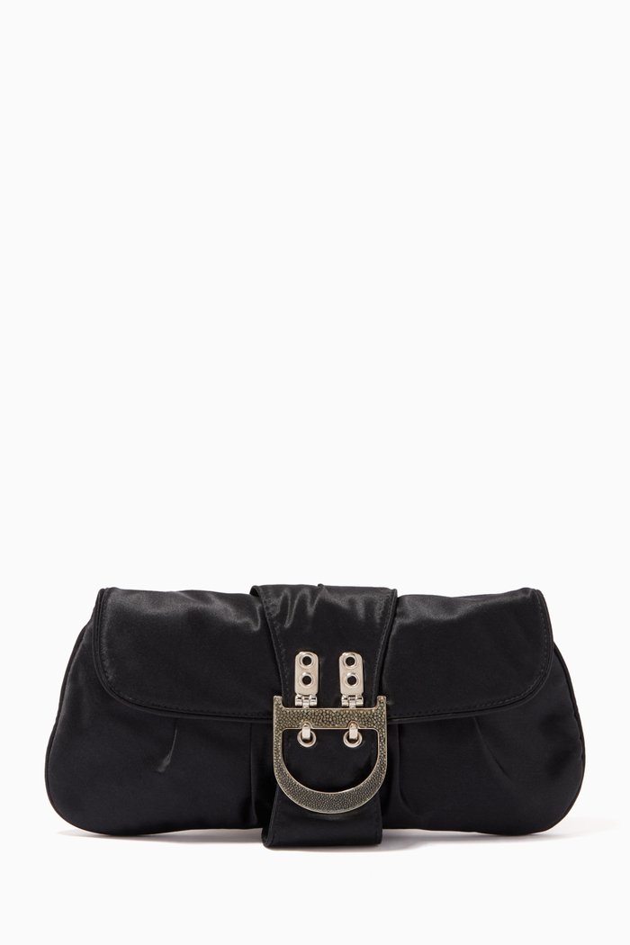 

D-buckle Clutch Bag in Satin, Black