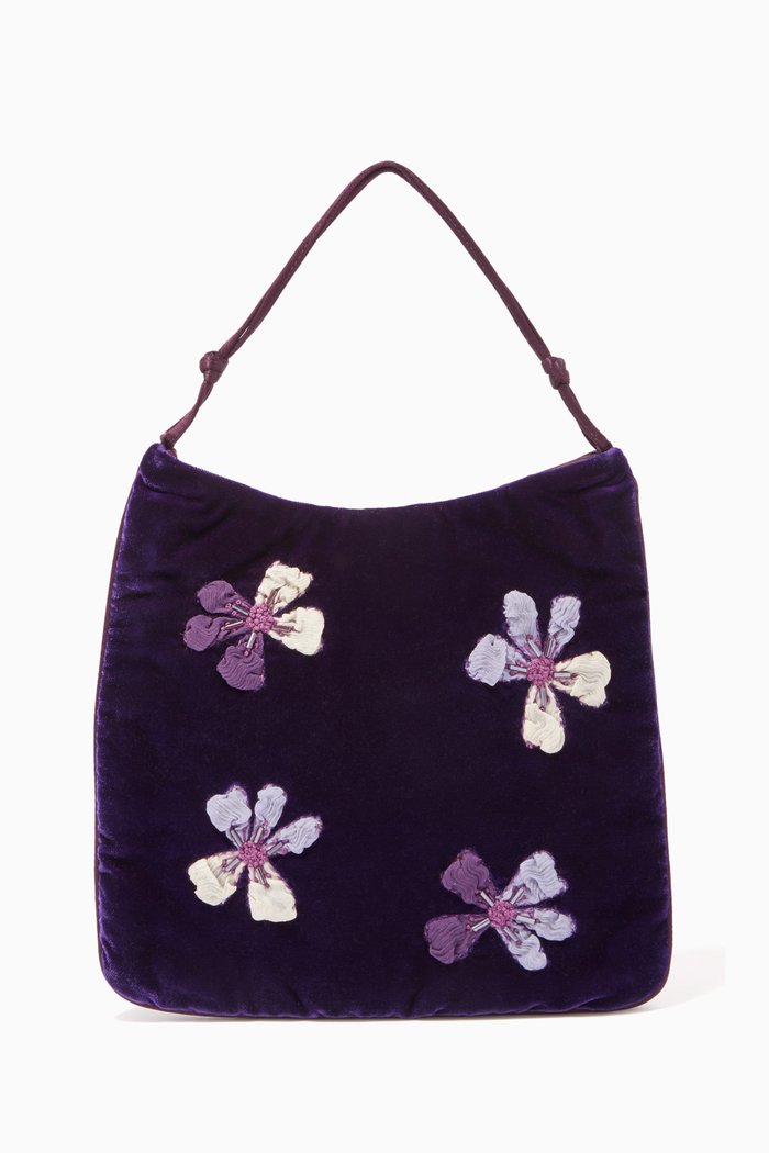 

Floral Top Handle Bag in Velvet, Purple