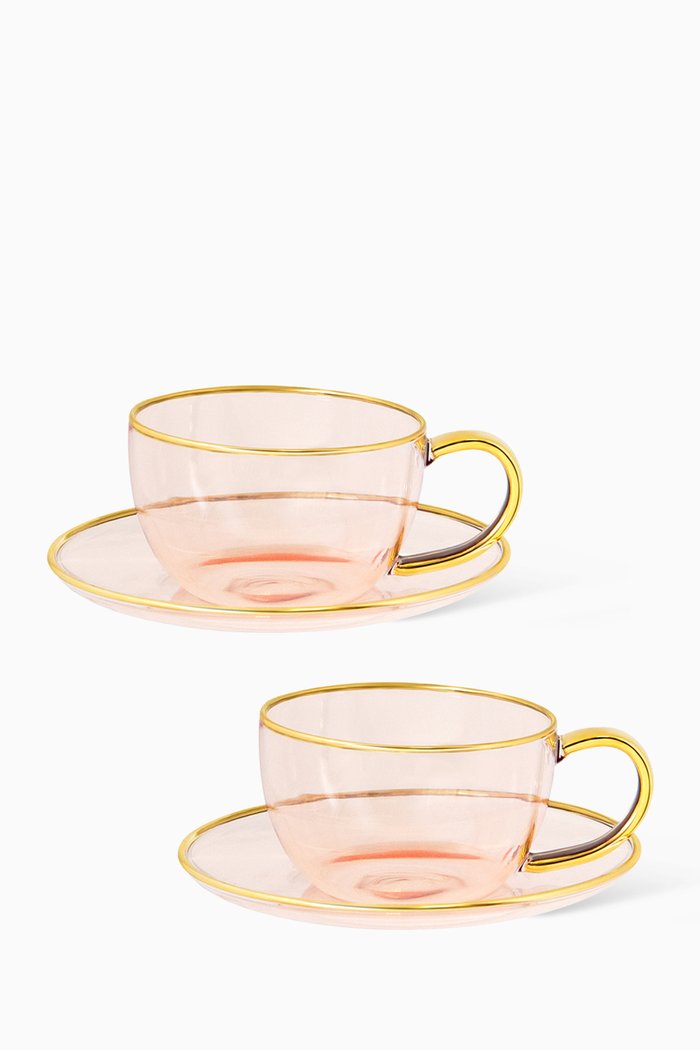 

Rose Glass Teacup and Saucer, Set of 2, Pink