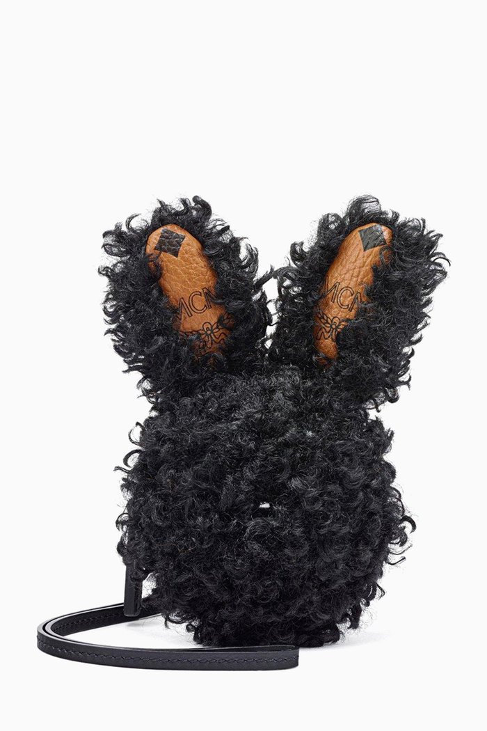 Rabbit Pouch Charm in Faux Fur Visetos, Black