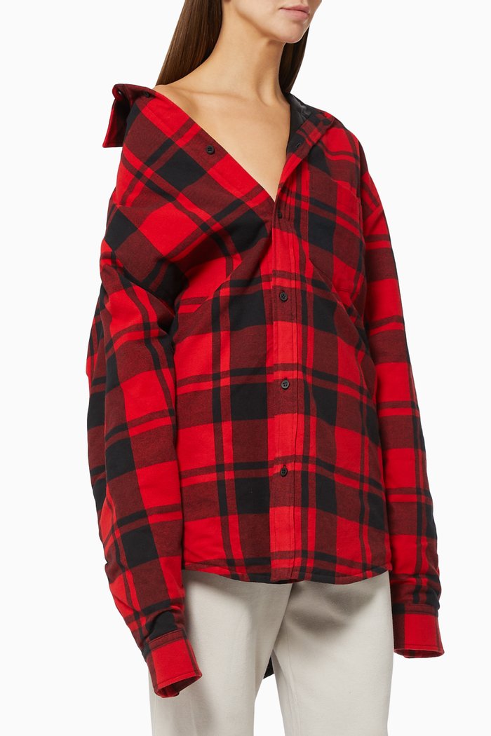 

Off-shoulder Plaid Shirt in Cotton, Red