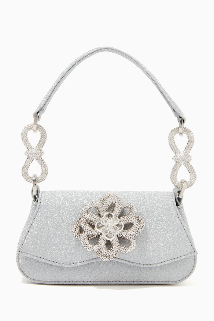 

Small Carrie Flower Shoulder Bag in Glitter Fabric, Silver