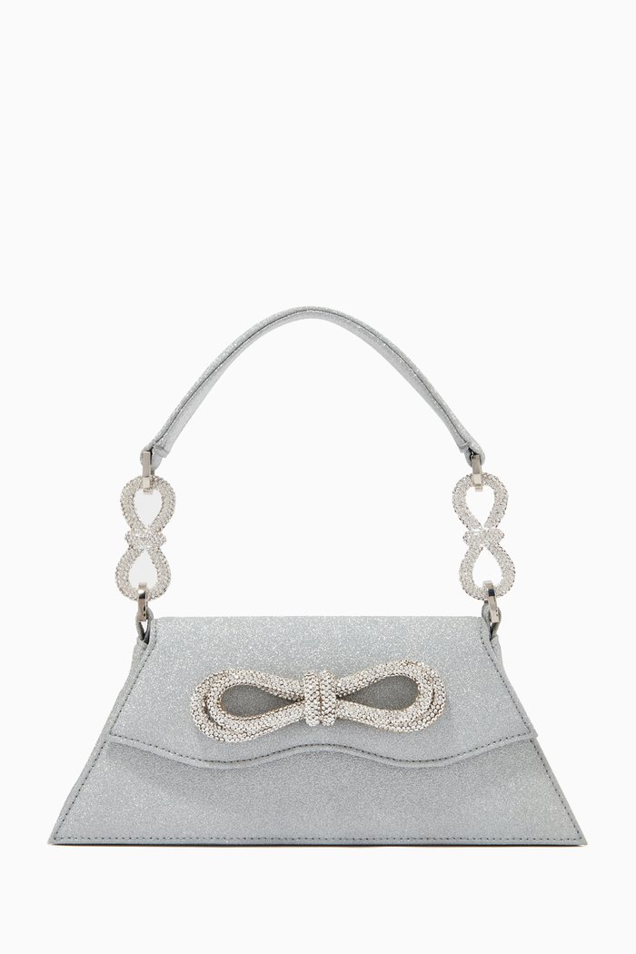 Medium Samantha Bow Shoulder Bag in Glitter Fabric, Silver