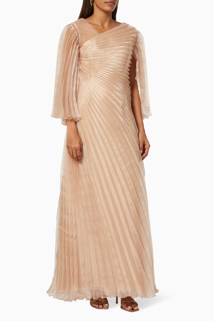 Asymmetric Pleated Dress in Rayon, Neutral