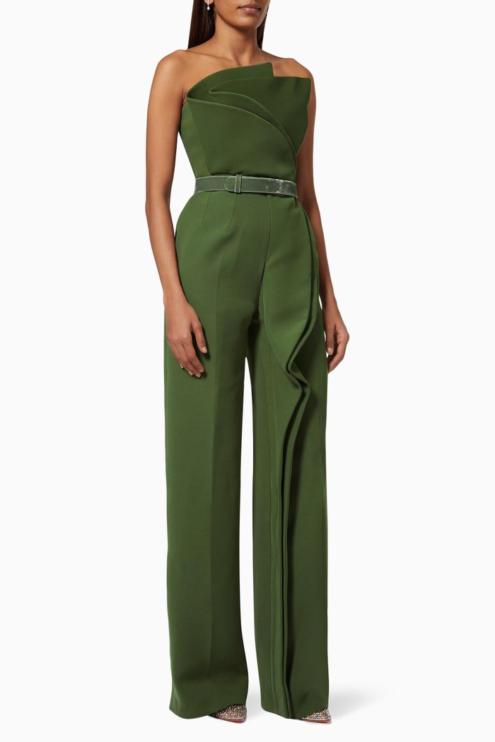 

Ruffle Off Shoulder Jumpsuit in Crepe, Brown