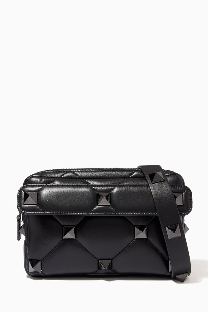 Valentino Garavani Roman Stud Shoulder Bag in Lambskin Nappa, Black