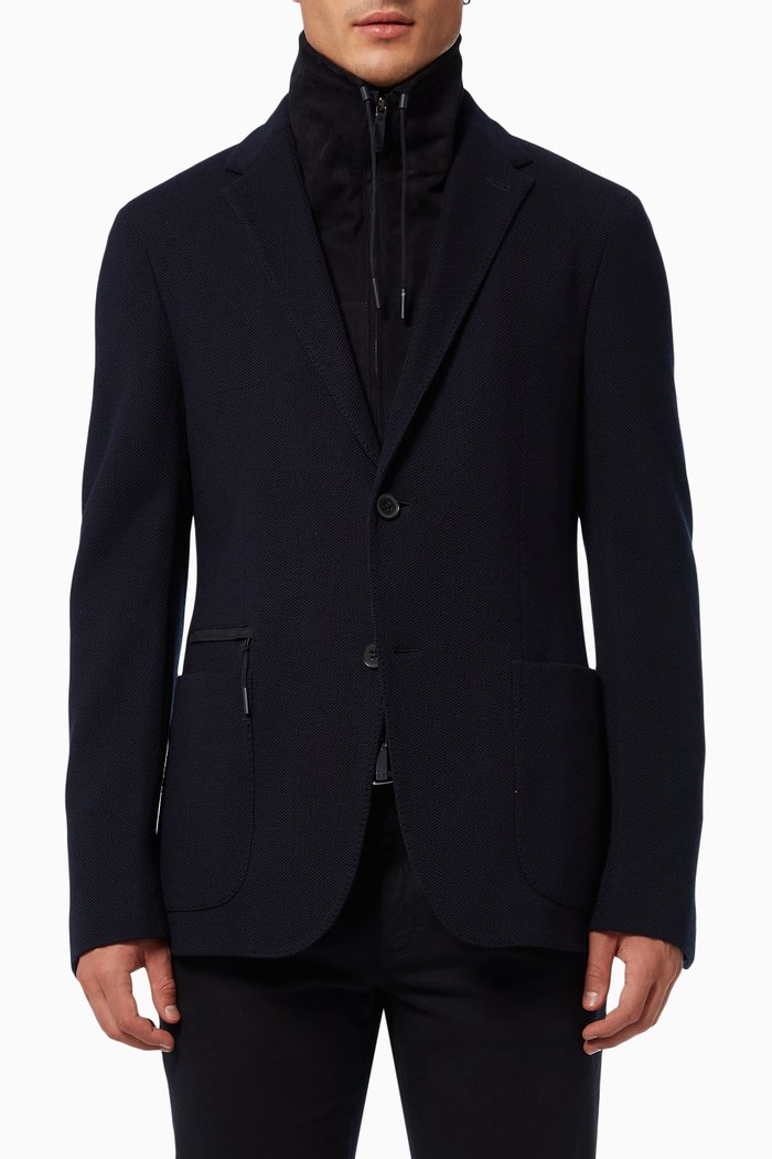 

High Performance Packaway Jacket in Wool & Cotton Jersey, Blue