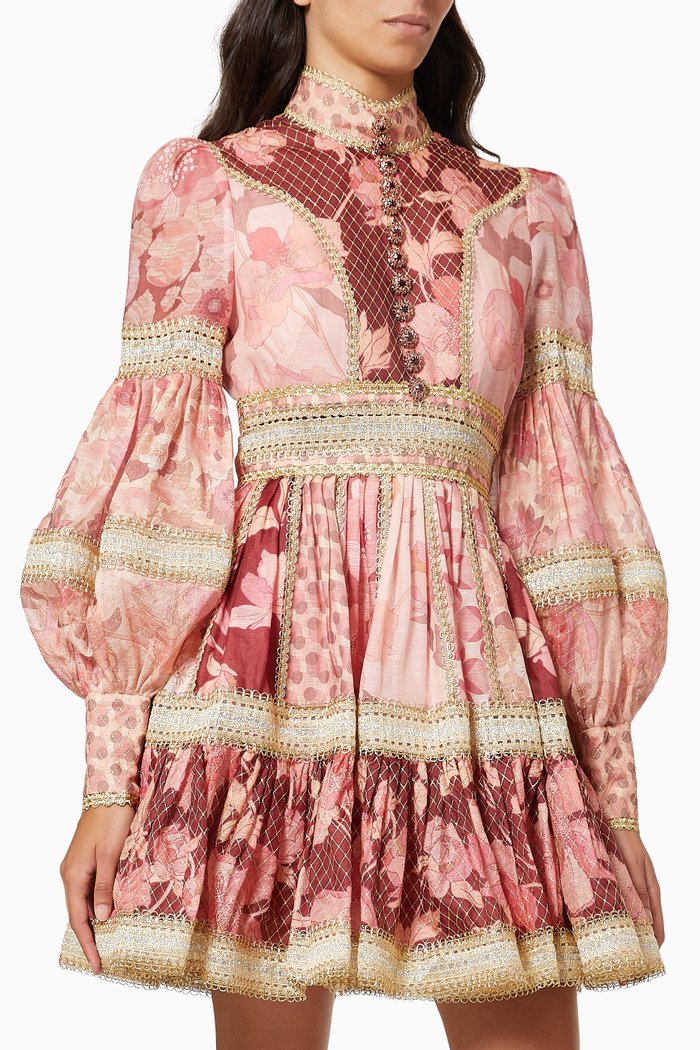 

Concert Spliced Trim Dress in Silk & Linen, Pink