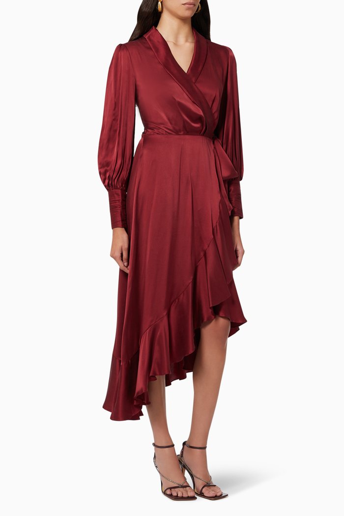 

Wrap Midi Dress in Silk, Red
