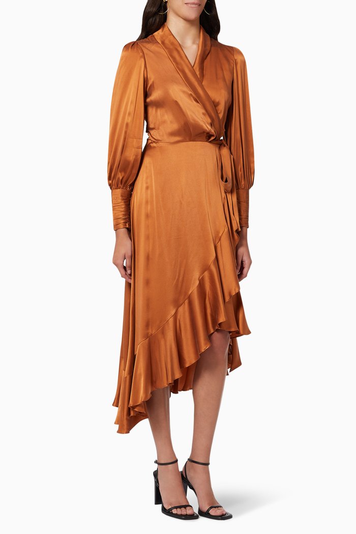 Wrap Midi Dress in Silk, Orange
