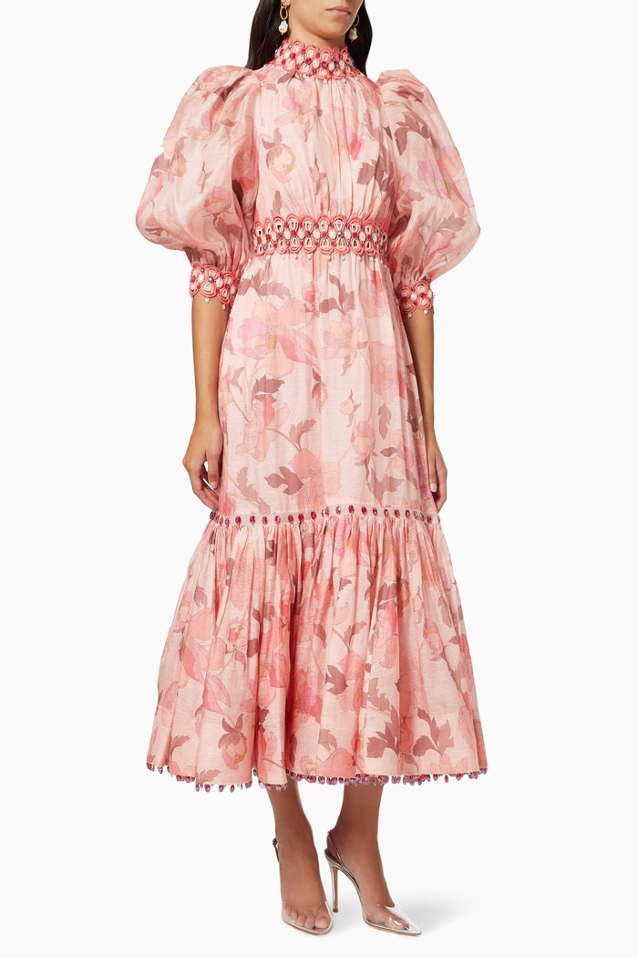 Concert Rouleau Trim Gown in Silk & Linen, Pink