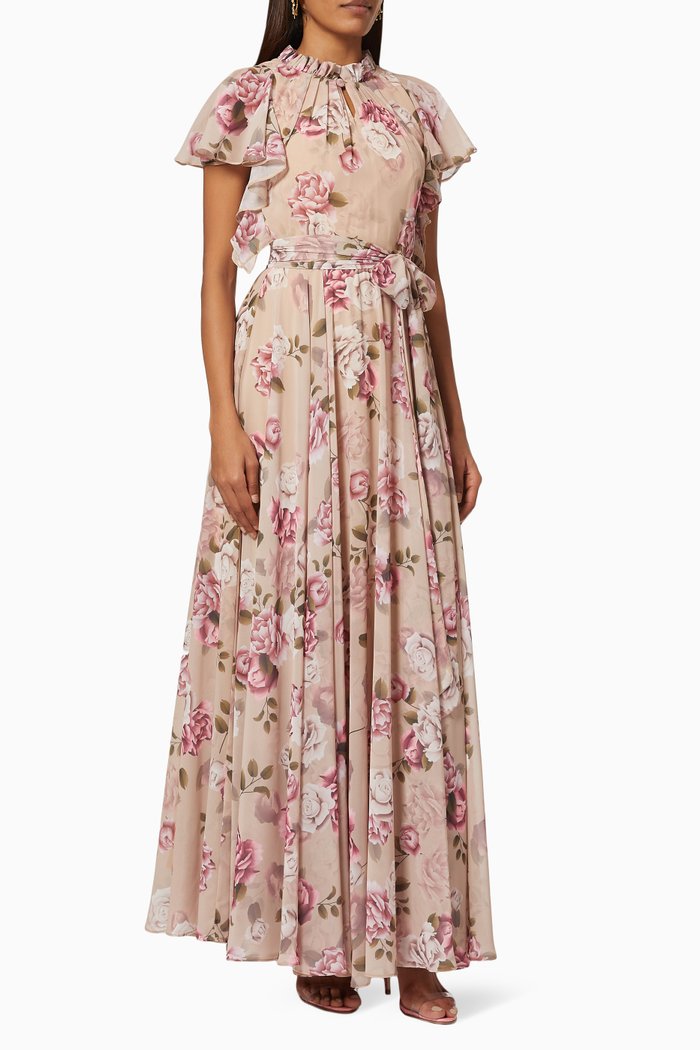 

Floral Printed Dress with Belt, Pink