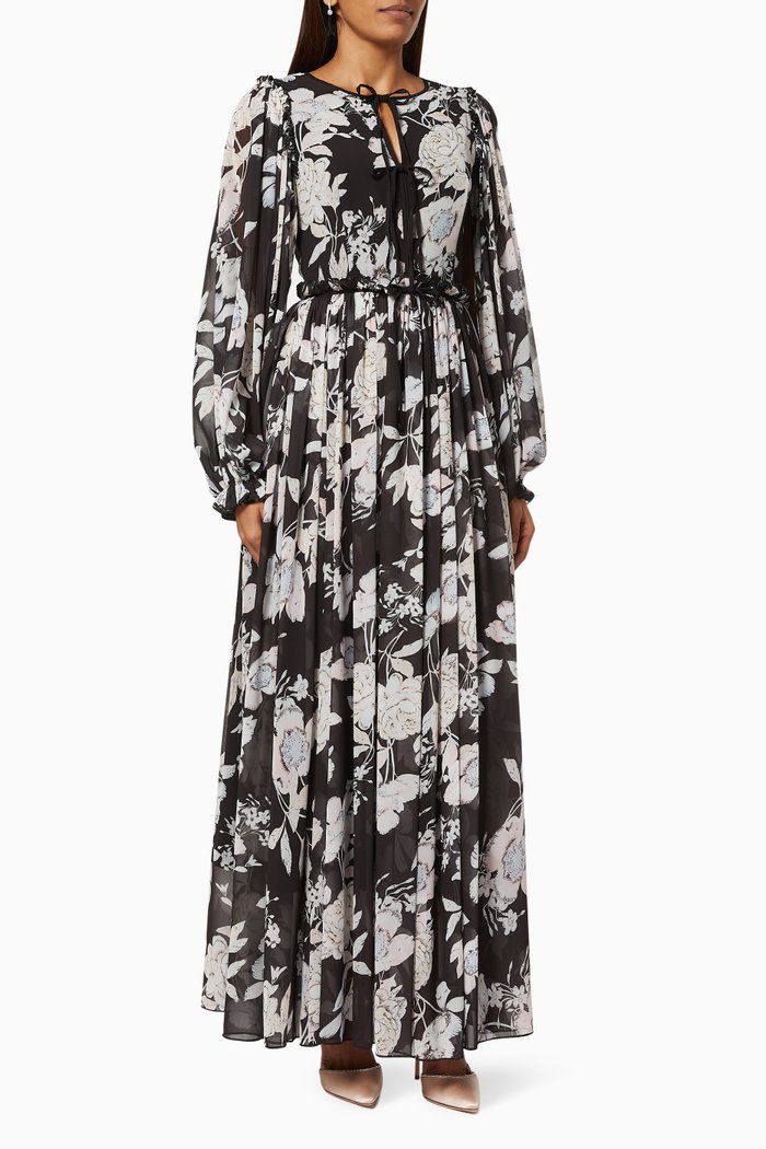 

Floral Print Dress with Belt, Black