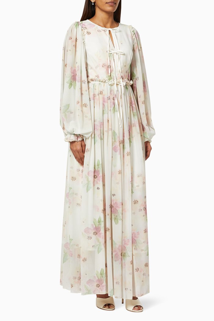 Floral Print Dress with Belt, Neutral