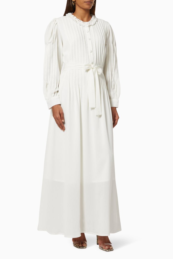 

Pintuck Dress with Belt, White