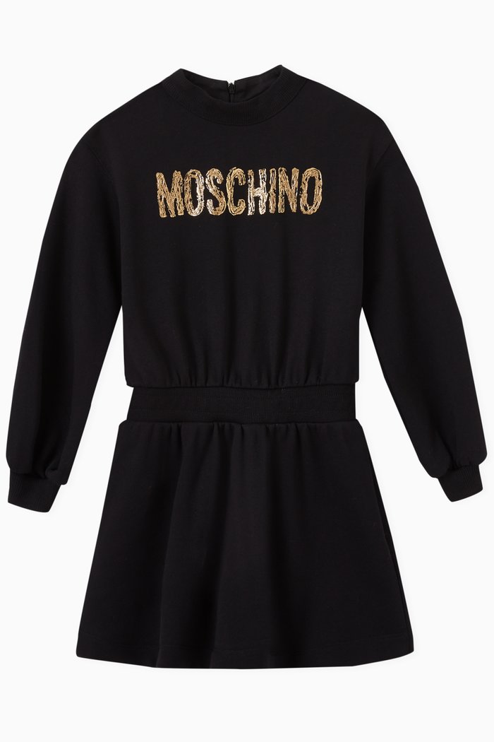 

Gold Logo Print Dress in Fleece, Black
